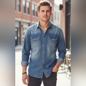 Robuck & Co. Denim Long Sleeve Pearl Snap Men's Western Shirt Small EUC